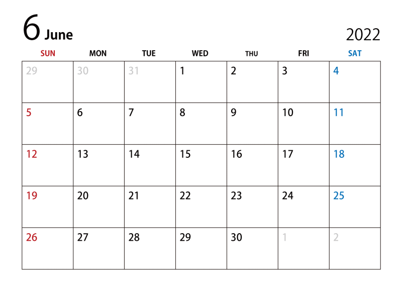 2022年6月の祝日カレンダー
