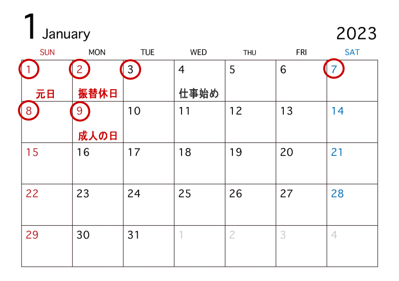 1月の祝日と連休を記したカレンダー