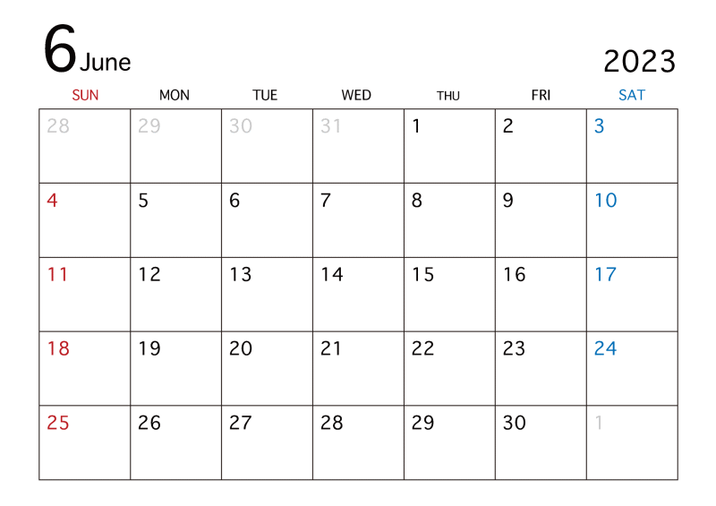 6月の祝日と連休を記したカレンダー